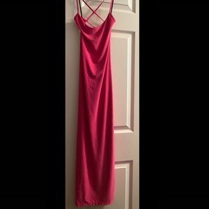 Brand new size small midi hot pink dress with criss cross back and side slit